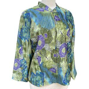 Analogy Artsy Crinkle Floral Jacket Green Blue Zip Asian Inspired Lagenlook-XL